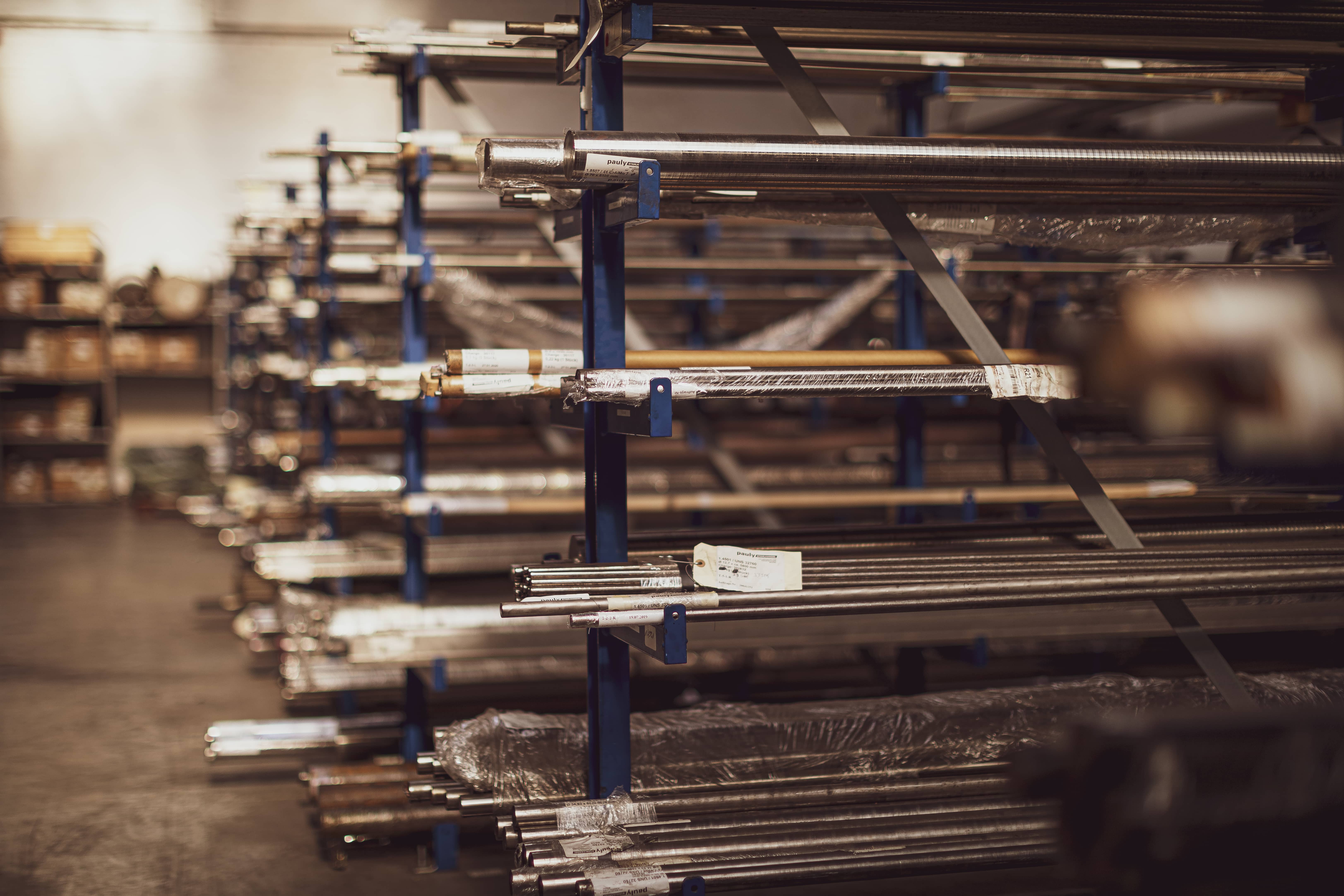 Steel bars on the shelf in the steel processing center